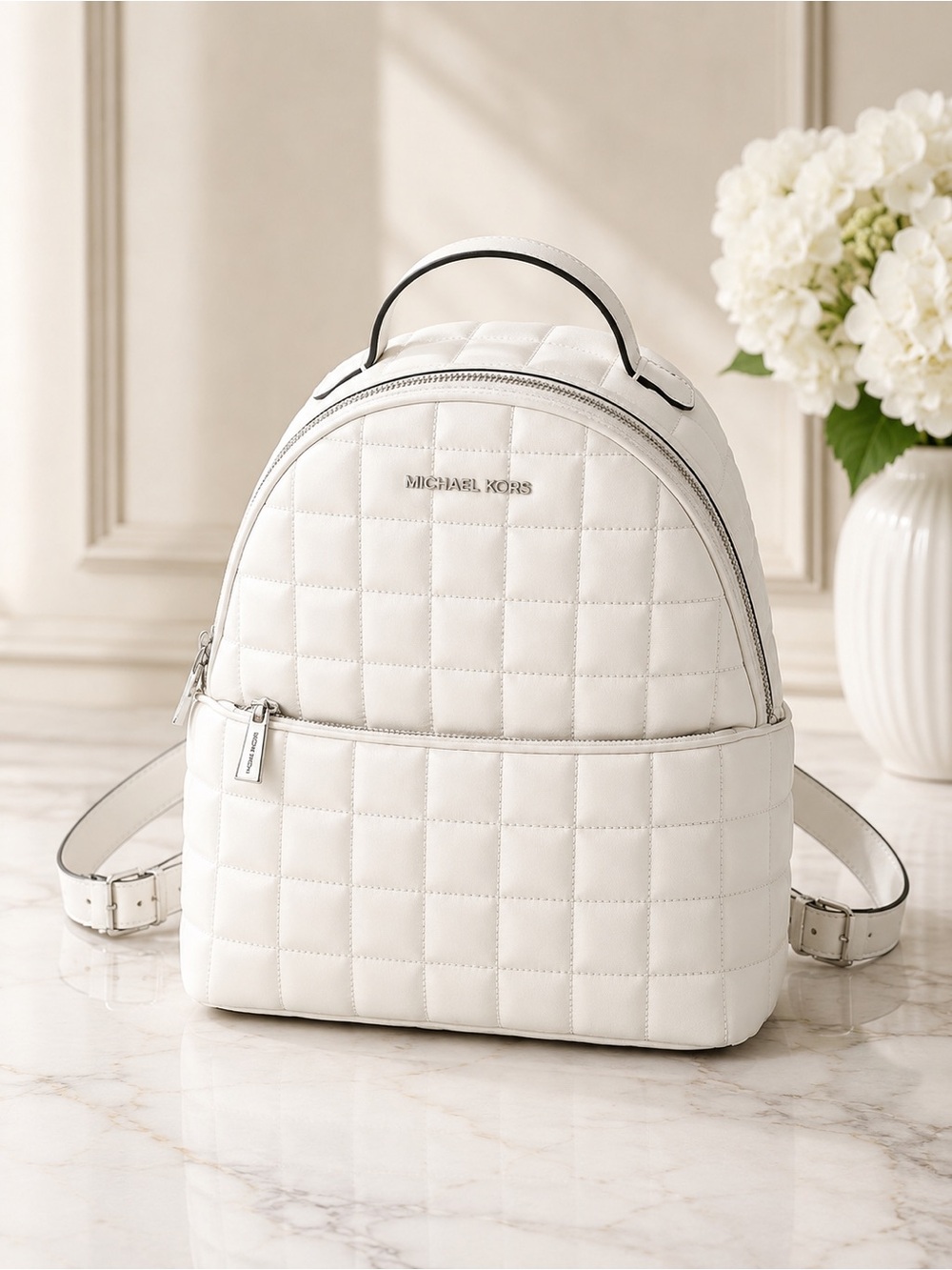 Michael Kors White Quilted Leather Backpack Travel Bag Laptop School Purse
